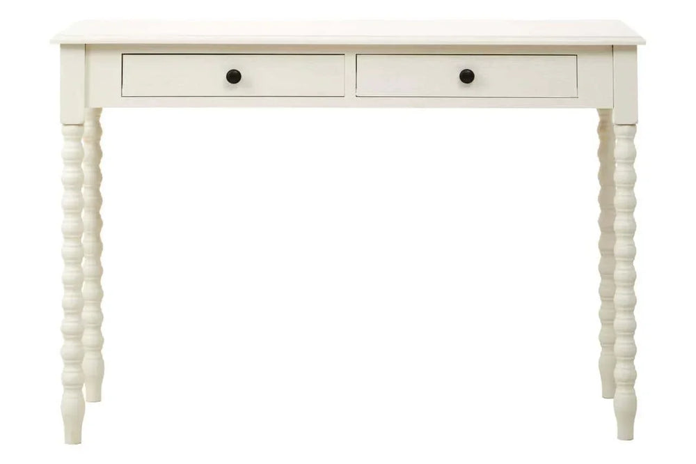 White wooden console table with two drawers and turned legs