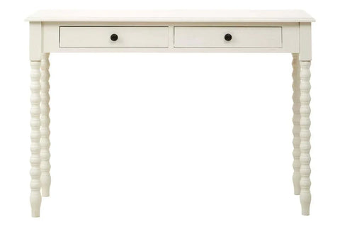 White wooden console table with two drawers and turned legs