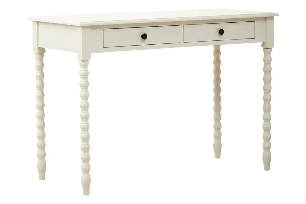 White wooden desk with two drawers and turned legs, shown from the front angle