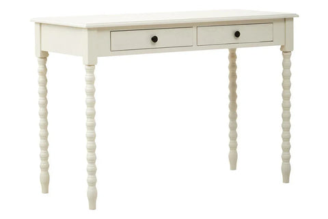 White wooden desk with two drawers and turned legs, shown from the front angle