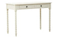 White wooden desk with two drawers and turned legs, shown from the front angle