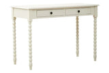 White wooden desk with two drawers and turned legs, shown from the front angle