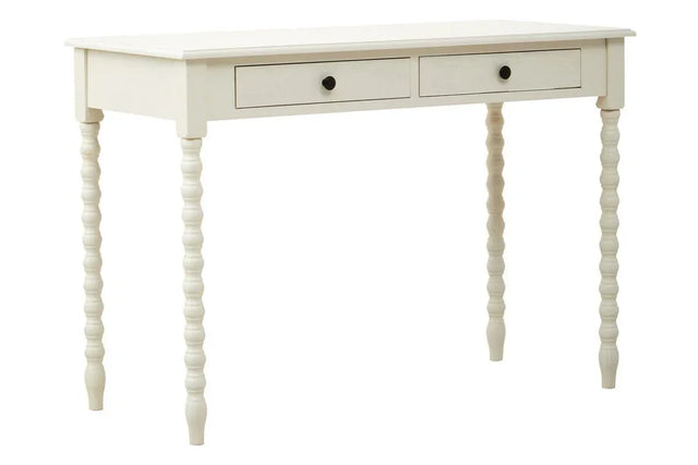 White wooden desk with two drawers and turned legs, shown from the front angle
