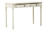 White wooden desk with turned legs and two drawers, one drawer partially open