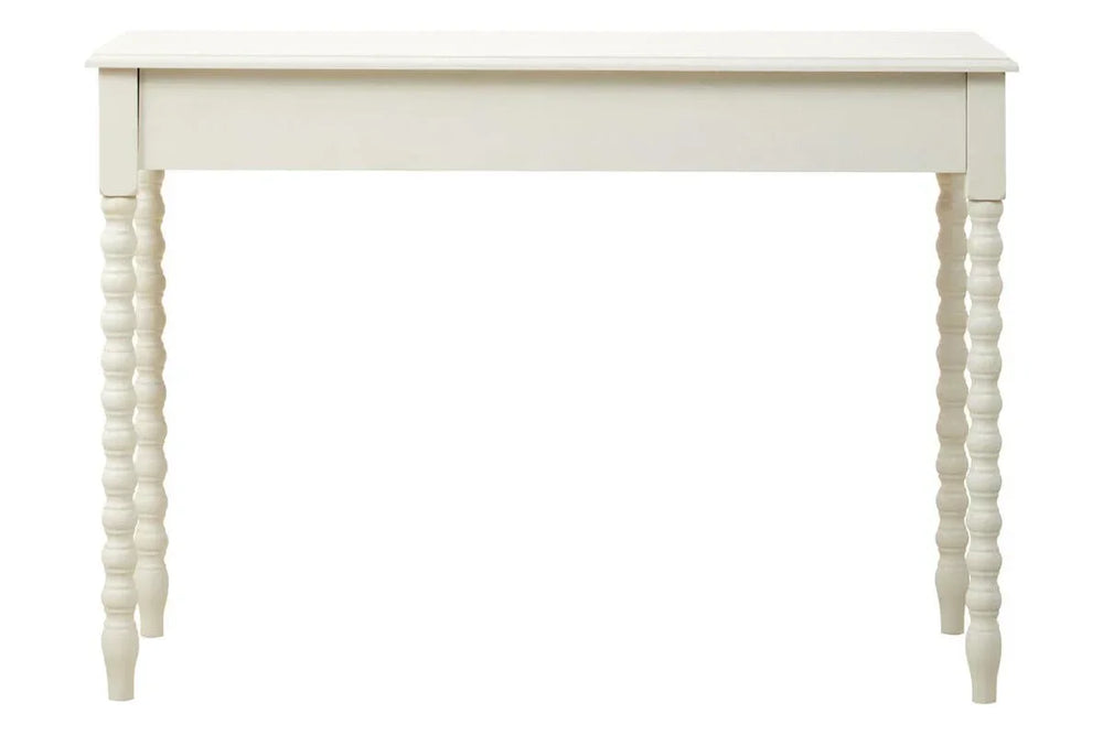 White wooden console table with spindle legs, front view
