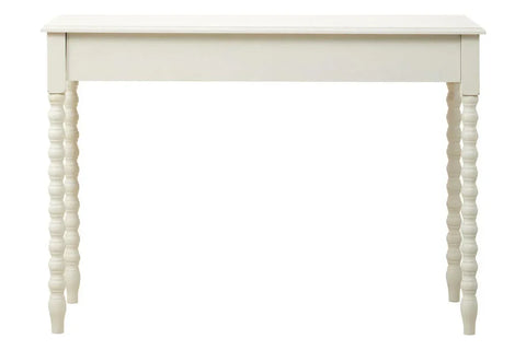 White wooden console table with spindle legs, front view