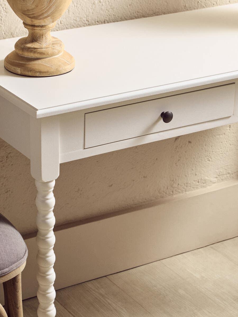 White wooden console table with single drawer and turned leg detail
