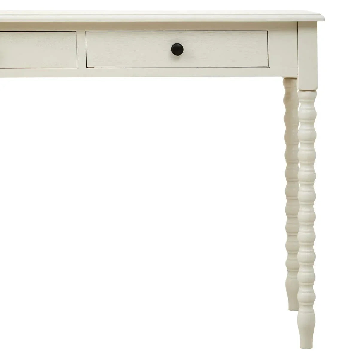 Cream wooden console table with turned legs and two drawers, partial front view