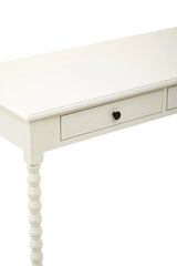 White wooden console table with turned leg and single drawer, close up of top and front