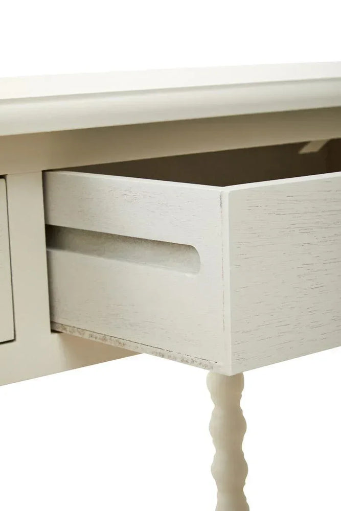 White wooden console table with open drawer and turned leg detail