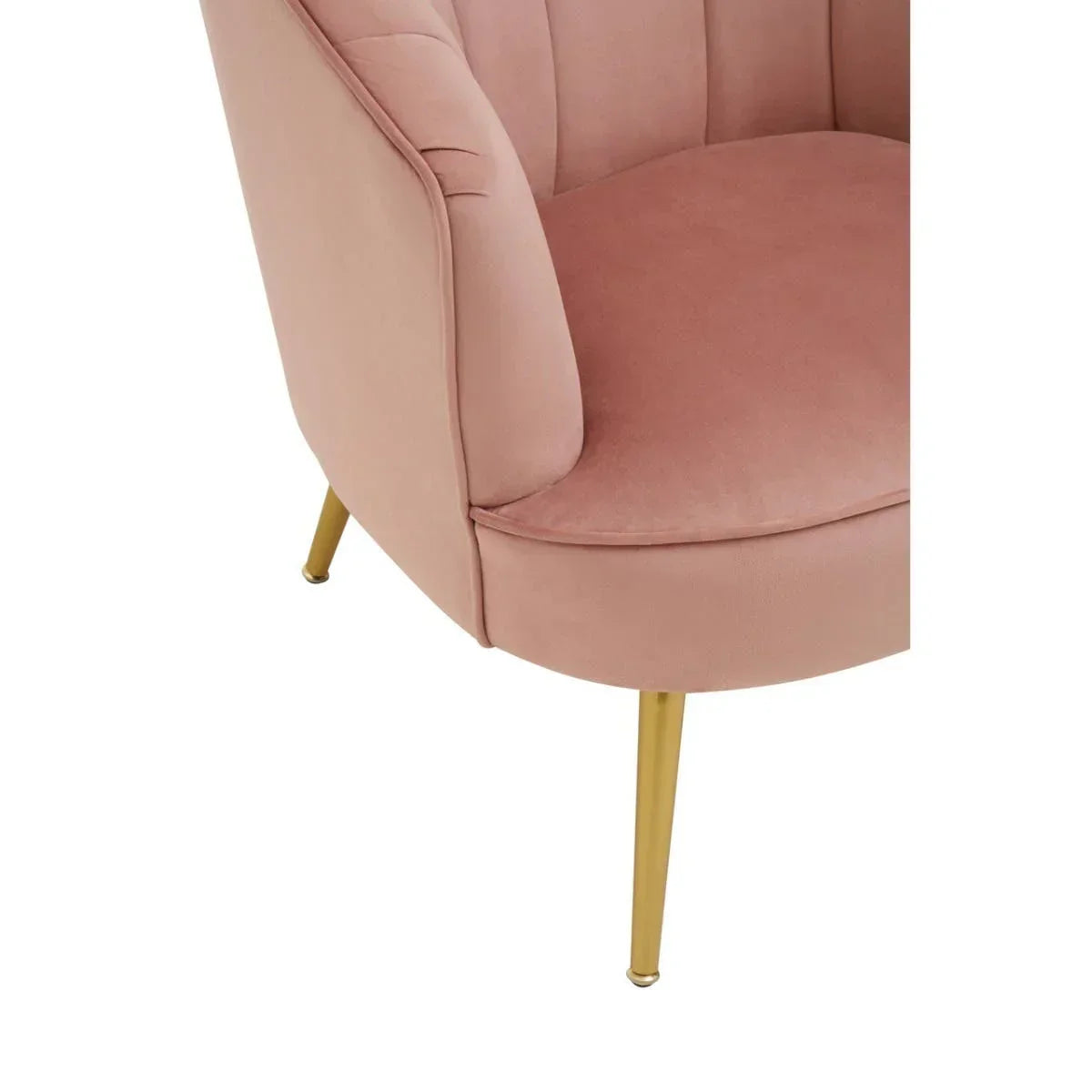 Blush pink velvet accent chair with gold metal legs, close detail of seat and side