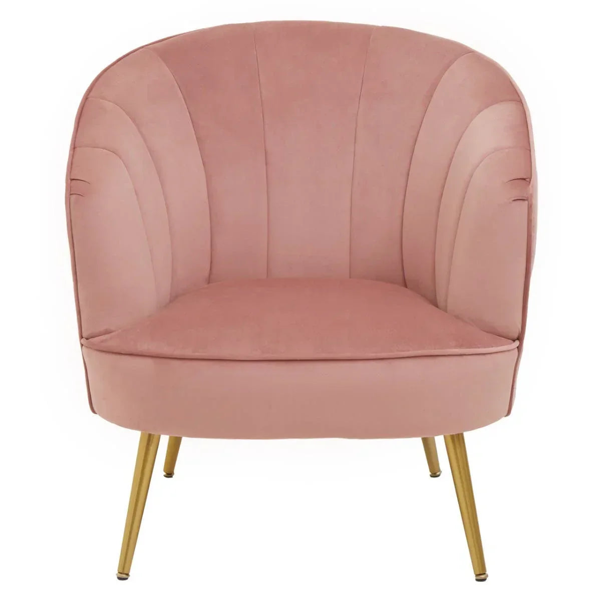 Blush pink velvet accent chair with curved backrest and gold metal legs