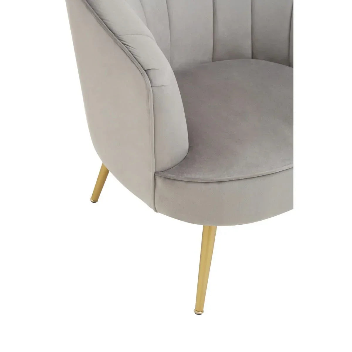 Light grey accent chair with gold metal legs and curved backrest, close side angle view