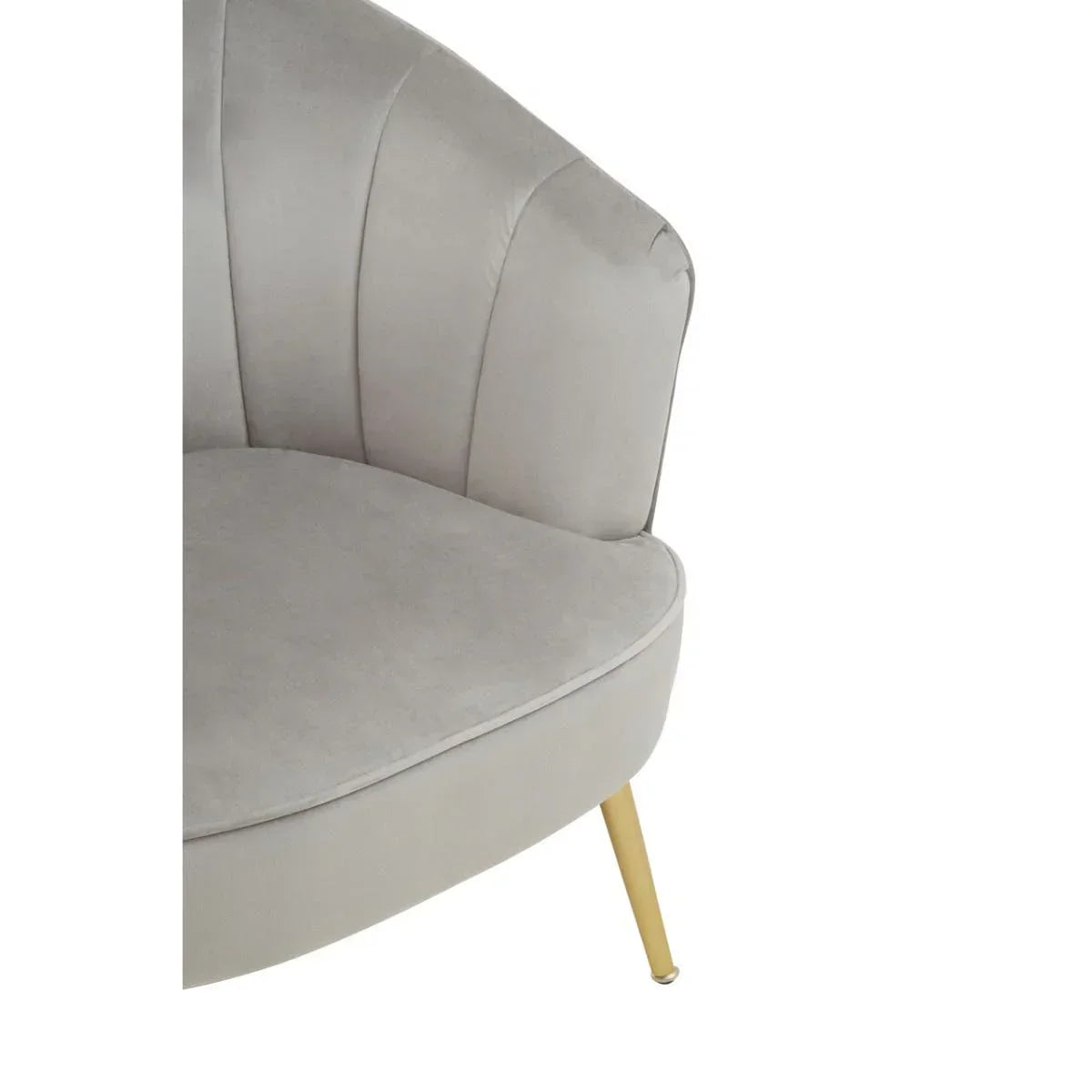 Grey velvet accent chair with gold metal leg and curved backrest