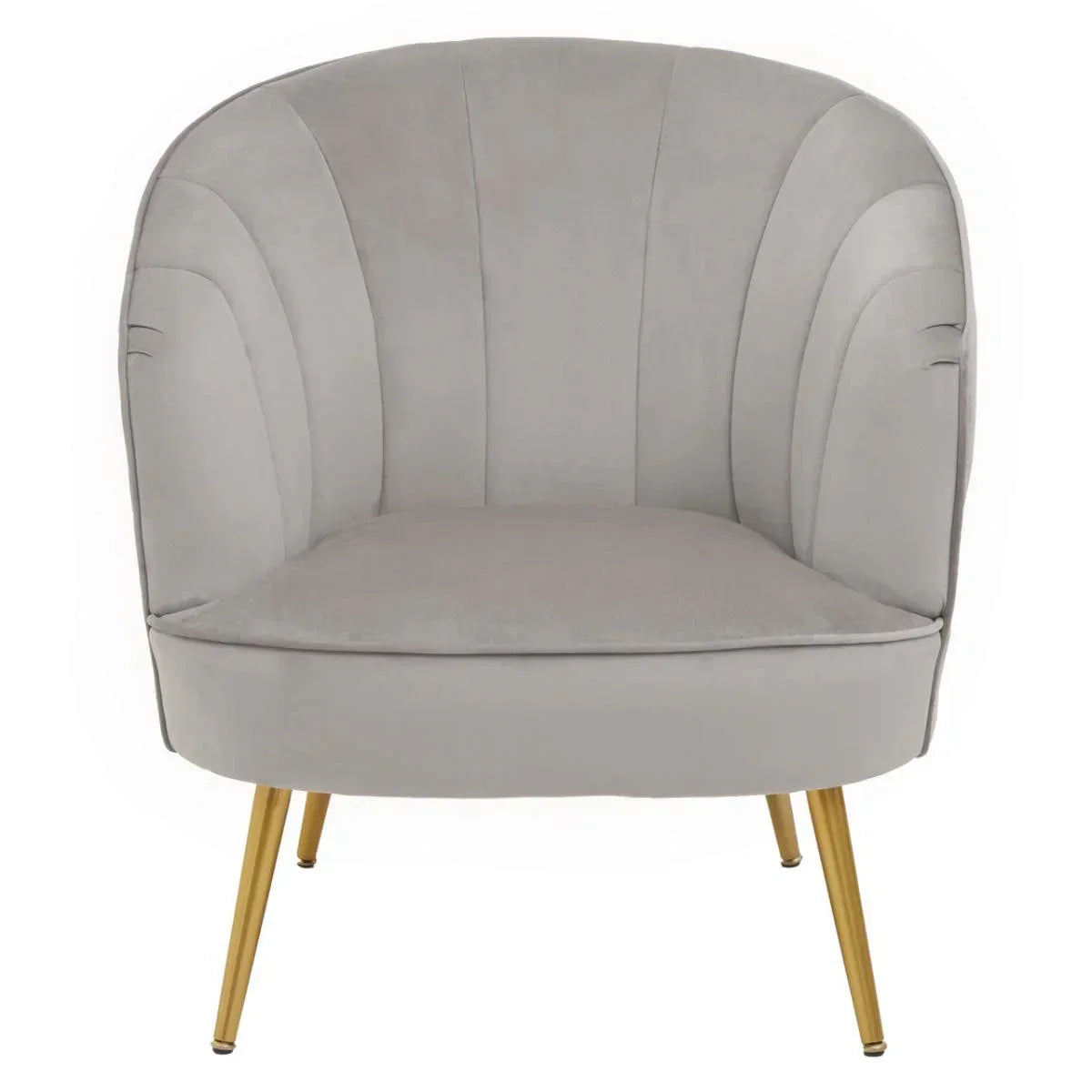 Light grey velvet accent chair with scalloped backrest and gold metal legs, front view