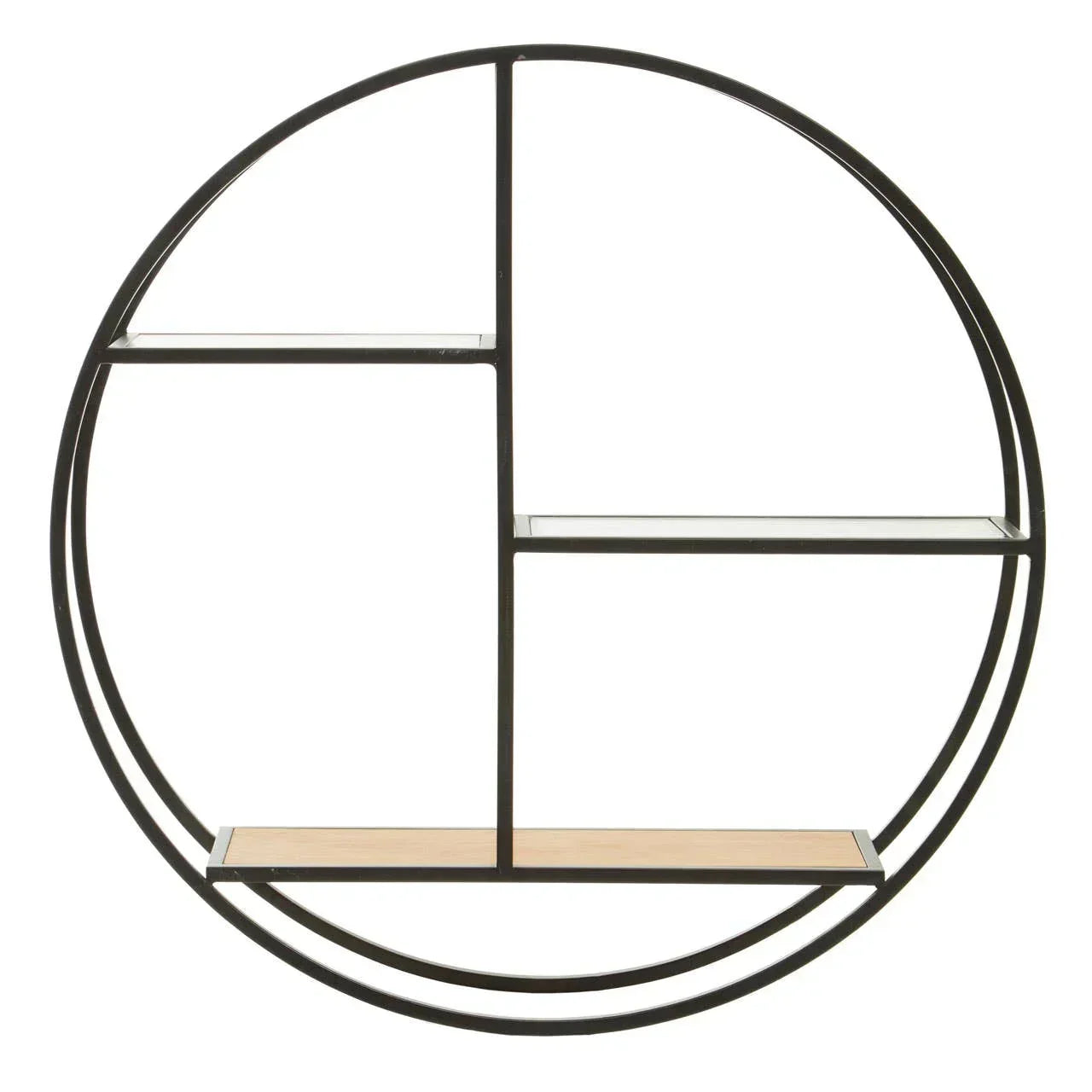 Circular metal wall shelf with glass and wood shelves for modern home storage