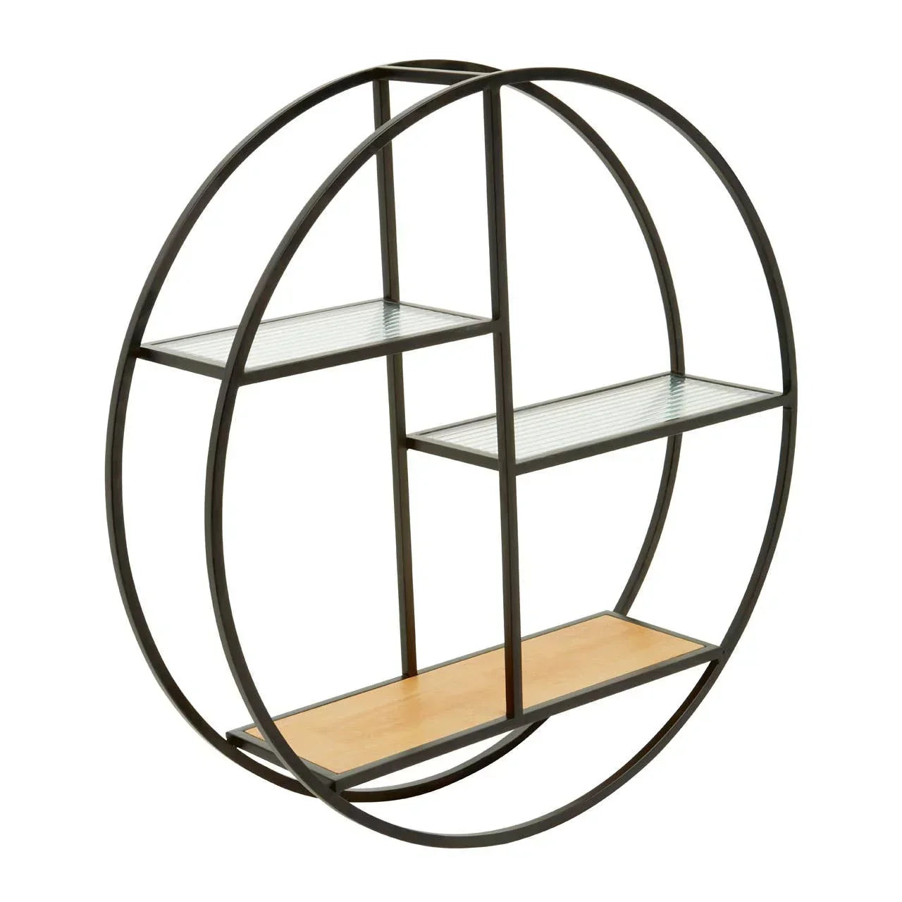 Round metal wall shelf with glass and wood shelves for modern home storage and display