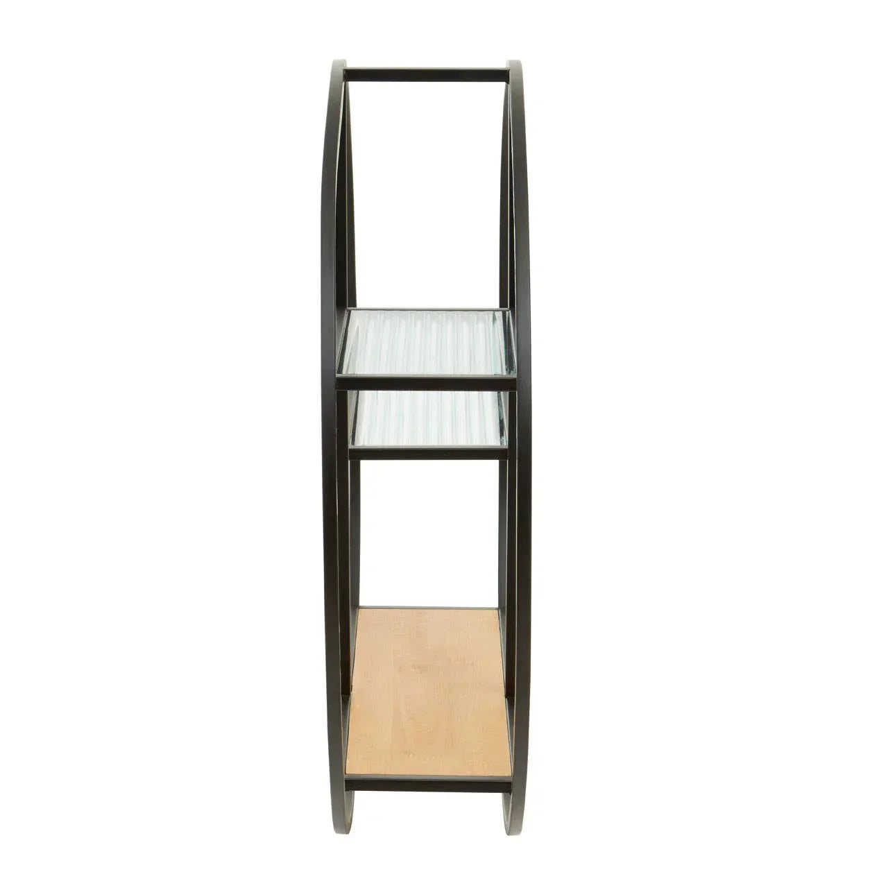 Black metal and wood shelving unit with two glass shelves, viewed from the front