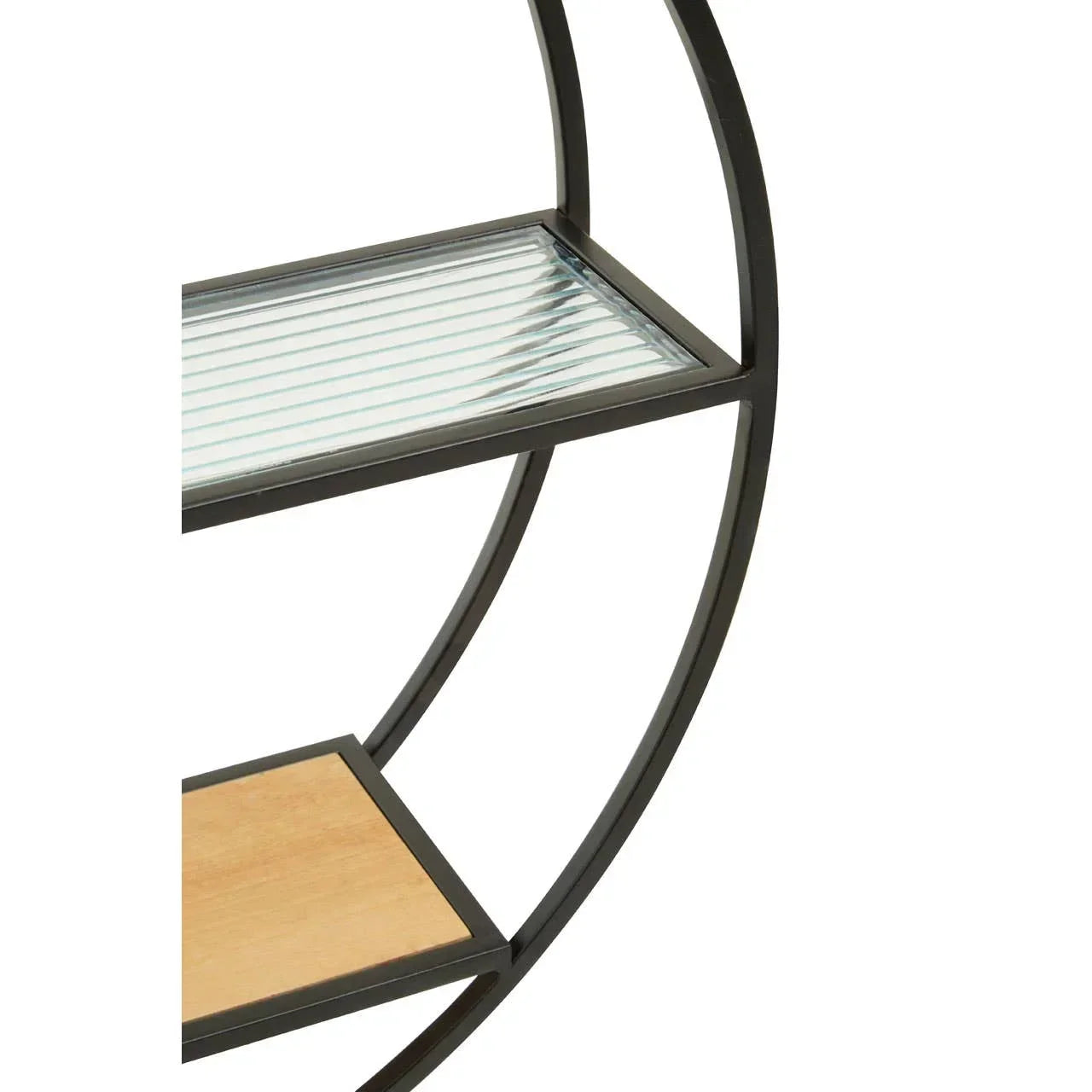 Round metal shelving unit with glass and wooden shelves, close up of shelf detail