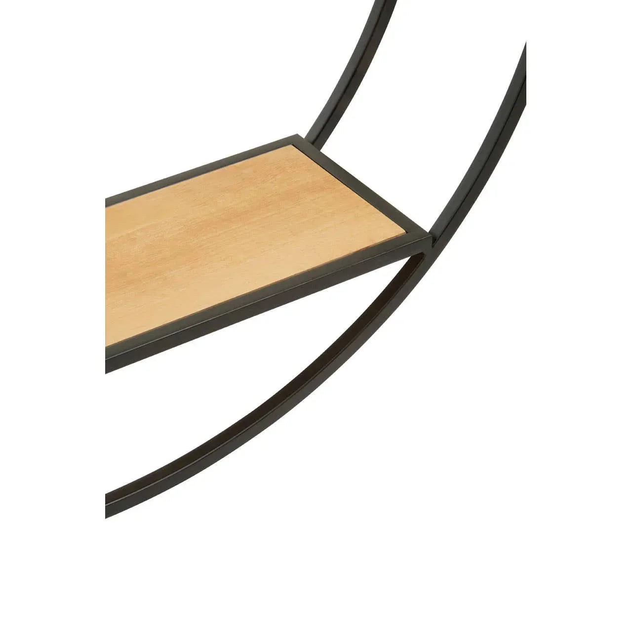 Modern side table with black metal frame and rectangular wooden shelf, close-up detail