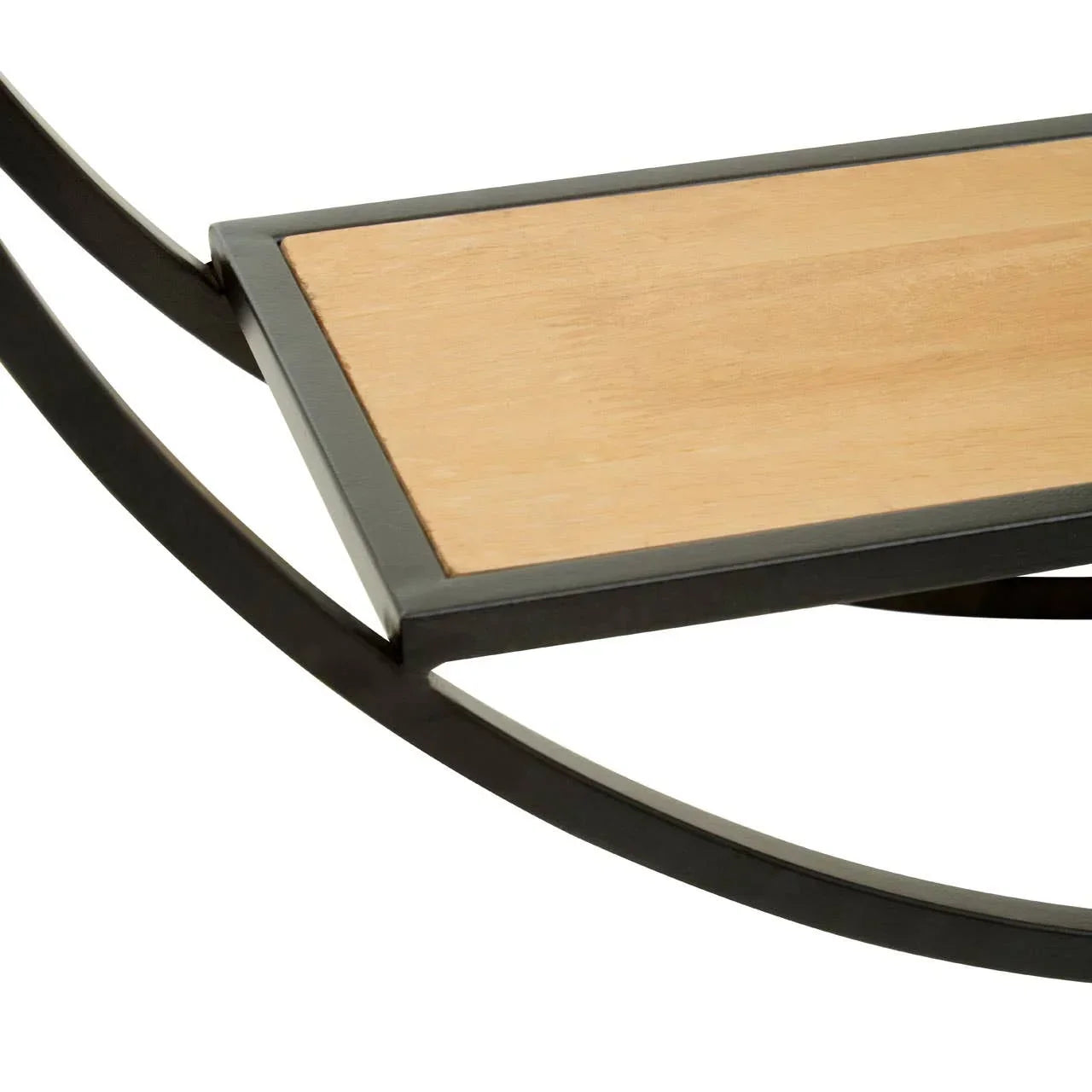 Corner detail of modern coffee table with black metal frame and light wood top
