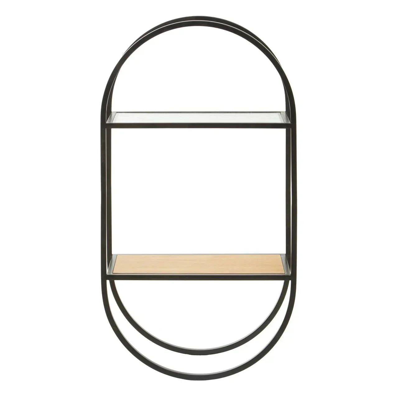 Oval metal wall shelf with black frame and two wooden shelves, modern storage furniture