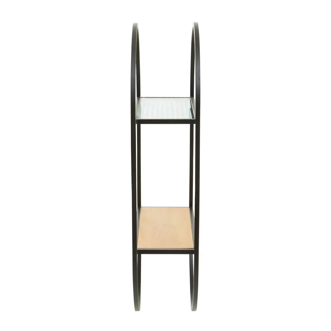 Modern shelving unit with black metal frame, glass top shelf and wood lower shelf, side view