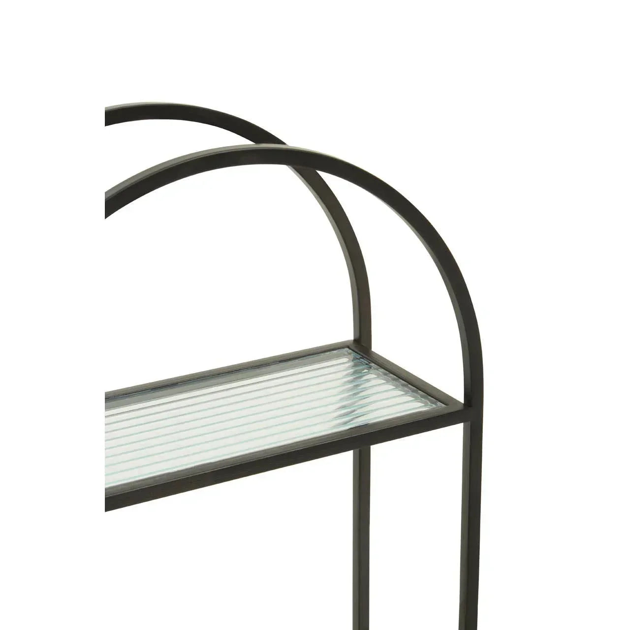 Steel and glass shelving unit with arched frame and ribbed glass shelf closeup