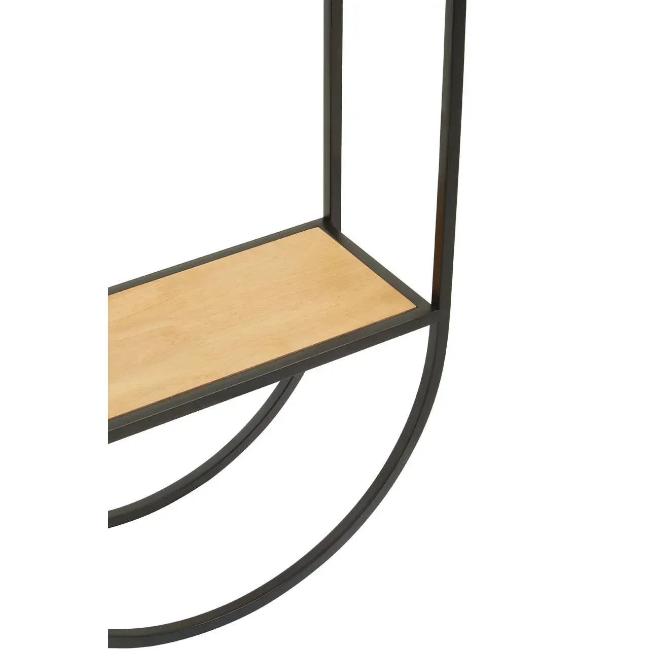 Closeup of metal and wood side table with curved black frame and light wood shelf