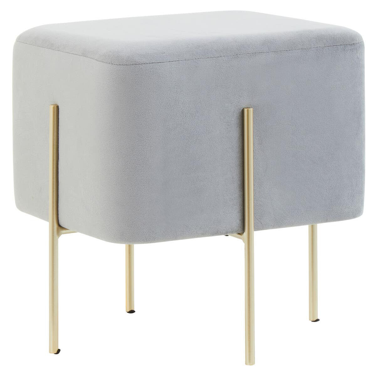 Square stool upholstered in soft grey velvet with four slender gold legs, featuring a minimalist design suitable for modern home decor