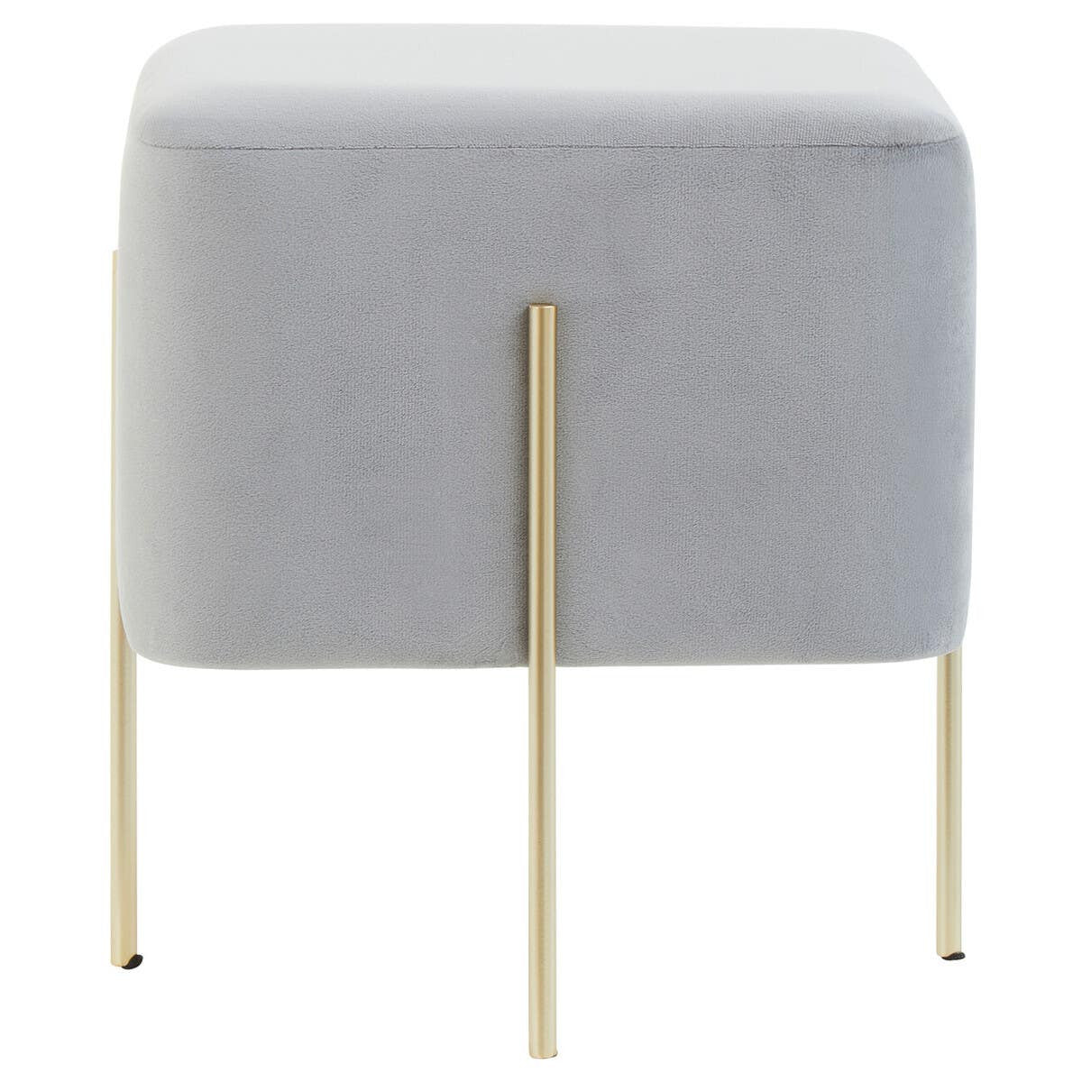 Square stool upholstered in soft grey velvet with four slender gold metal legs. The design features a minimalist aesthetic, suitable for modern home decor