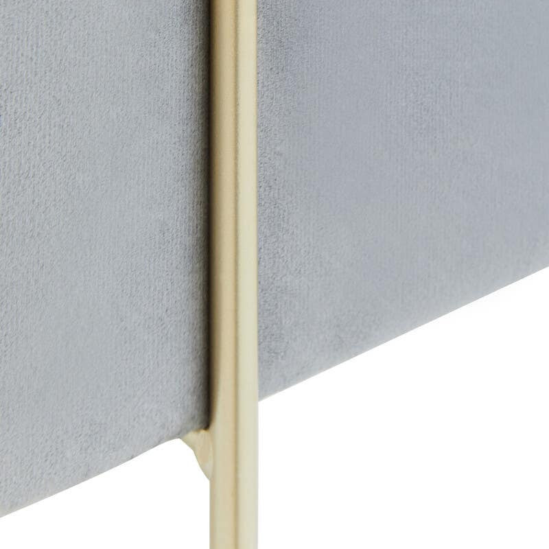 Square grey velvet stool with a sleek design, featuring a soft fabric surface and a minimalist gold metal leg. The leg has a slender profile, adding a modern touch to the overall aesthetic