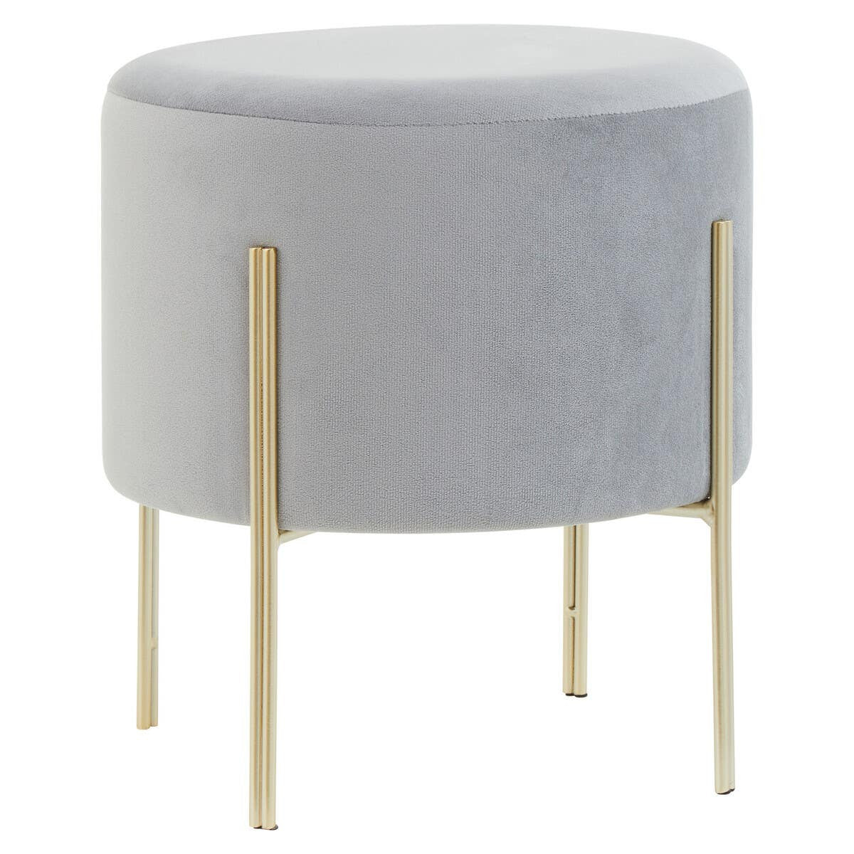 Round grey velvet stool with a soft, plush top and four slender gold metal legs. The design is modern and minimalist, suitable for various home decor styles