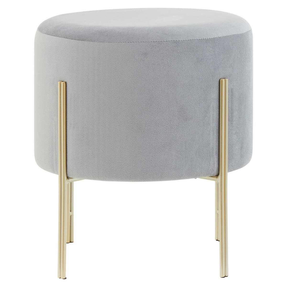 Round grey velvet stool with a soft, plush surface and sleek gold metal legs. The stool features a minimalist design, making it suitable for various home decor styles