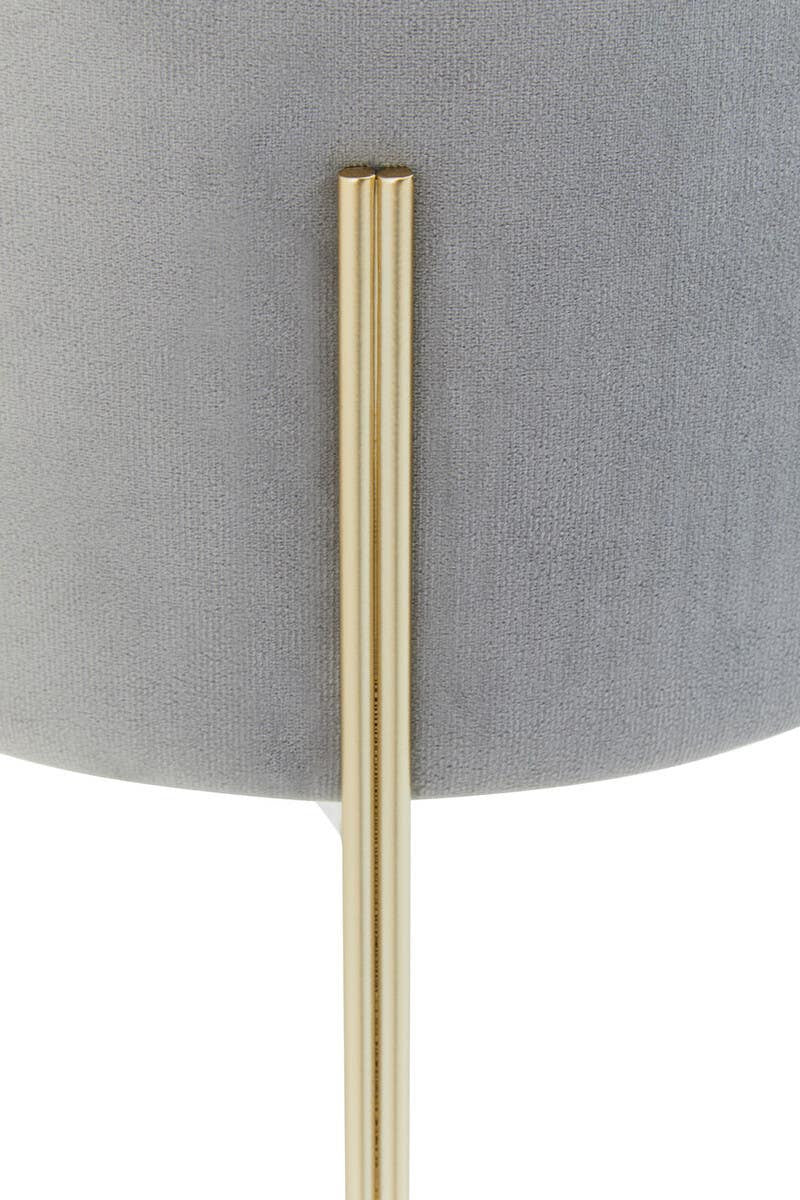 Round grey velvet stool with a smooth, plush surface and a sleek gold metal base, showcasing a modern and elegant design