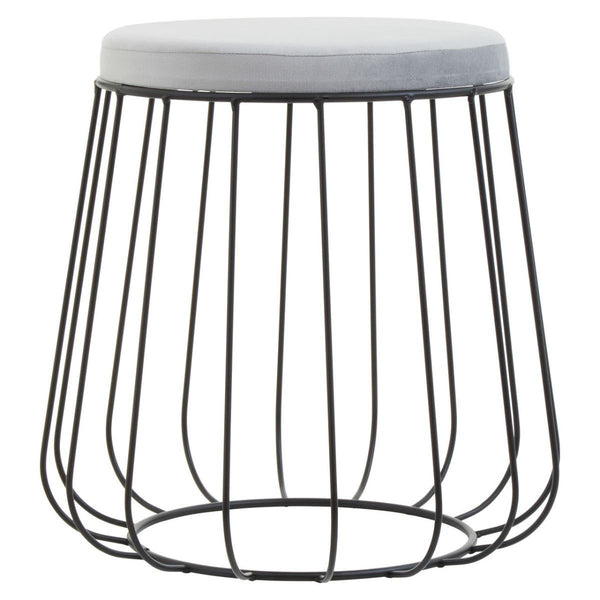 Grey velvet stool featuring a round top and a sleek black wire frame, showcasing an open design with vertical lines. The stool has a modern and minimalist aesthetic, suitable for various home decor styles