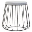 Grey velvet stool featuring a round top and a sleek black wire frame, showcasing an open design with vertical lines. The stool has a modern and minimalist aesthetic, suitable for various home decor styles