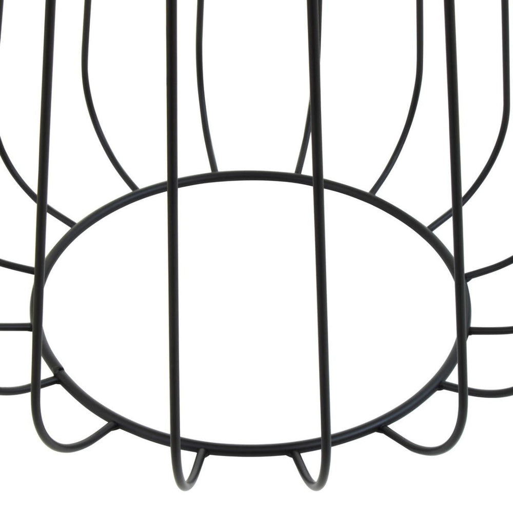 Grey velvet stool featuring a sleek black metal frame with a circular base and vertical wire design. The soft upholstery contrasts with the sturdy frame, creating a modern and stylish accent piece for home decor