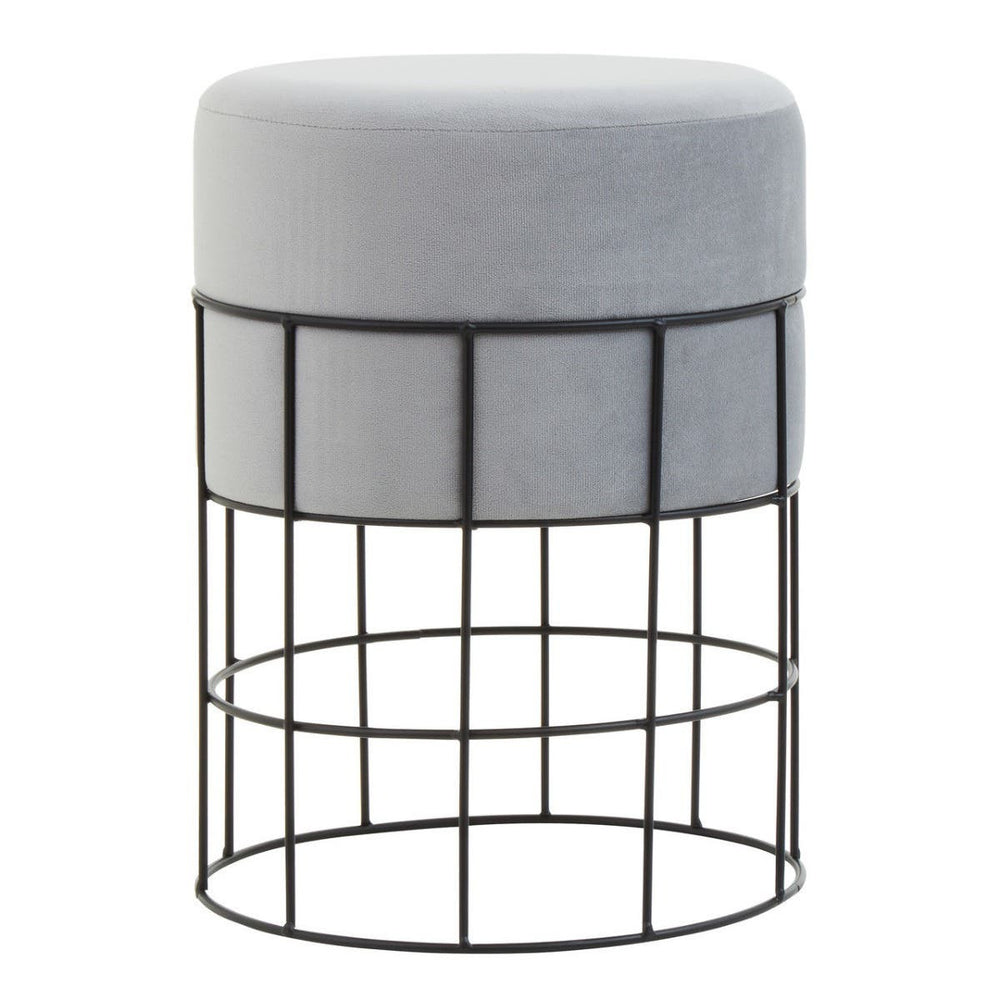 A round velvet stool with a soft gray top and a black metal cage frame, featuring a grid design that provides a modern and stylish look