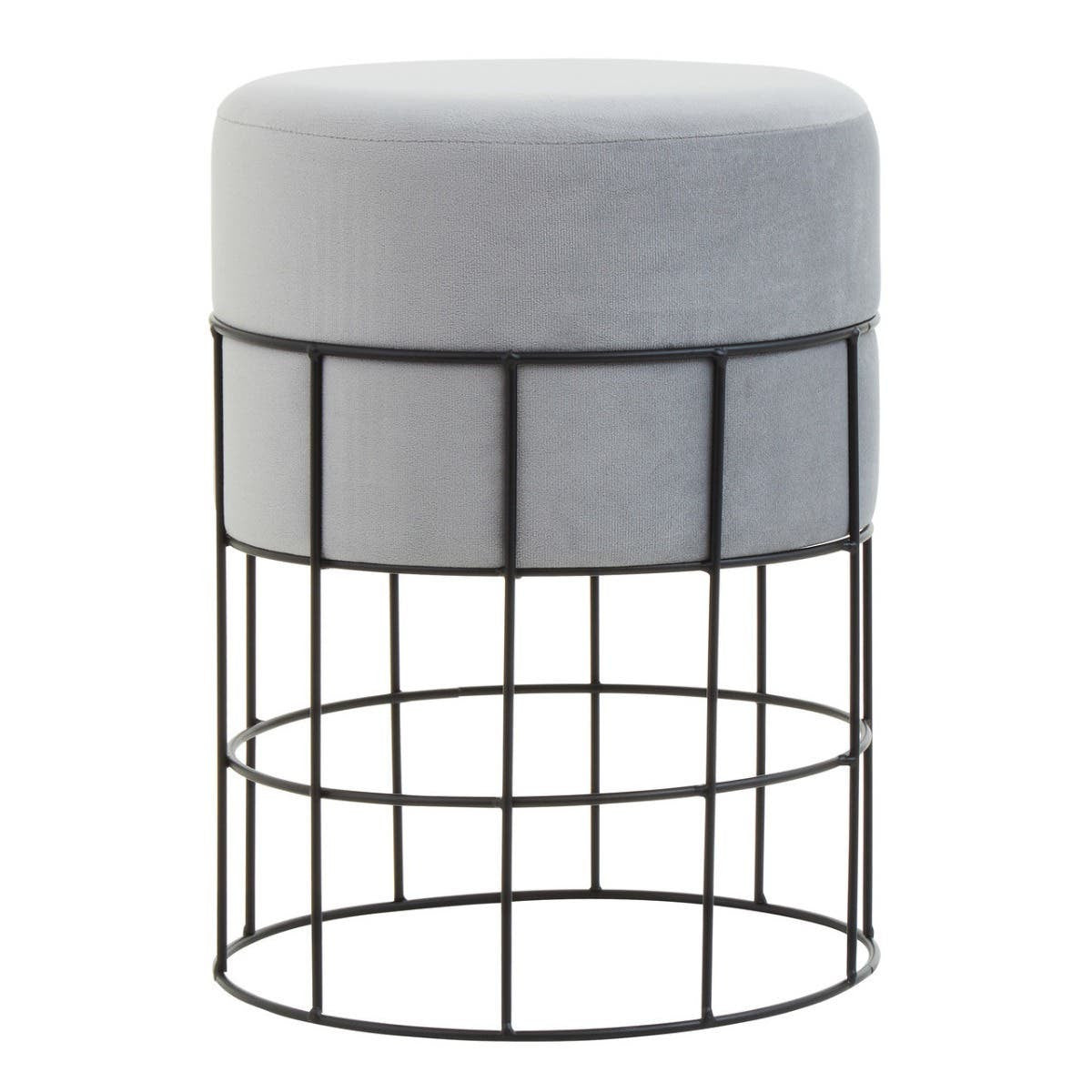 A round velvet stool with a soft gray top and a black metal cage frame, featuring a grid design that provides a modern and stylish look