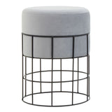 A round velvet stool with a soft gray top and a black metal cage frame, featuring a grid design that provides a modern and stylish look