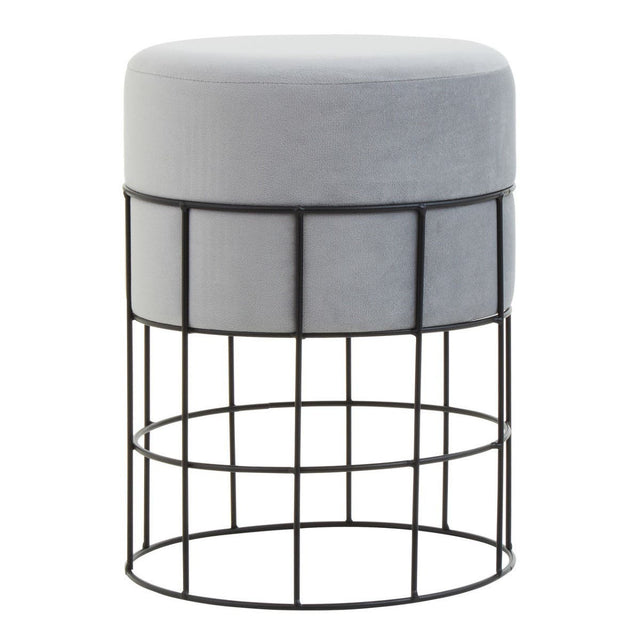 A round velvet stool with a soft gray top and a black metal cage frame, featuring a grid design that provides a modern and stylish look