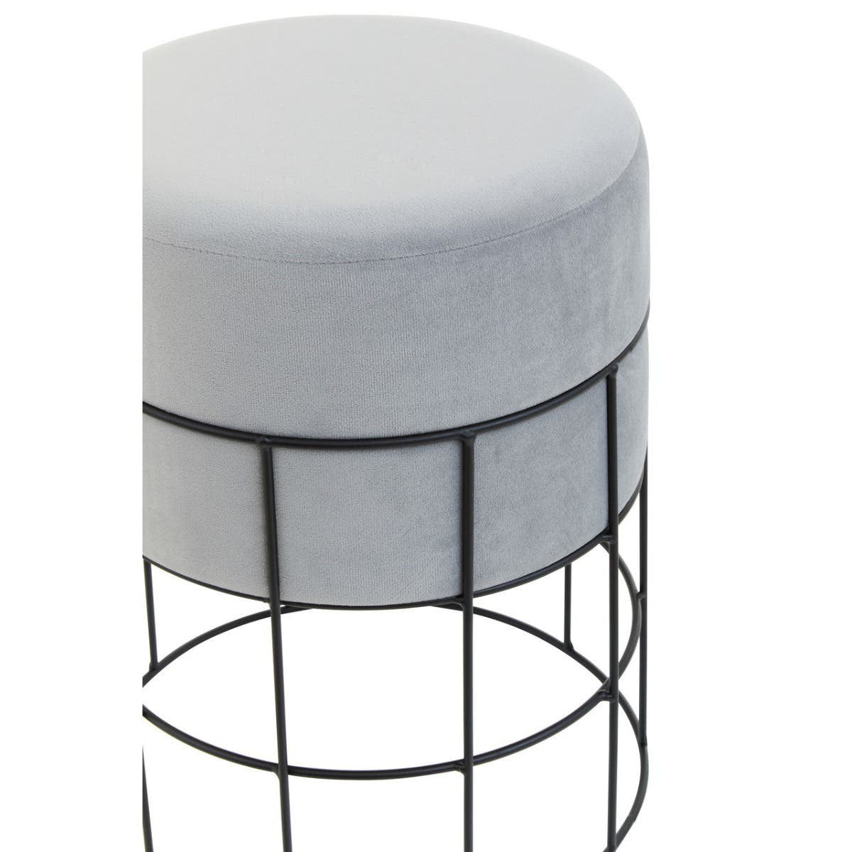Velvet stool with a round, cushioned top in light gray, supported by a black wire cage frame. The design features a minimalist aesthetic with a sleek, modern look