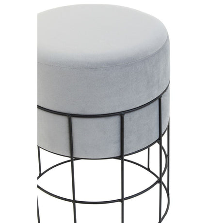 Velvet stool with a round, cushioned top in light gray, supported by a black wire cage frame. The design features a minimalist aesthetic with a sleek, modern look