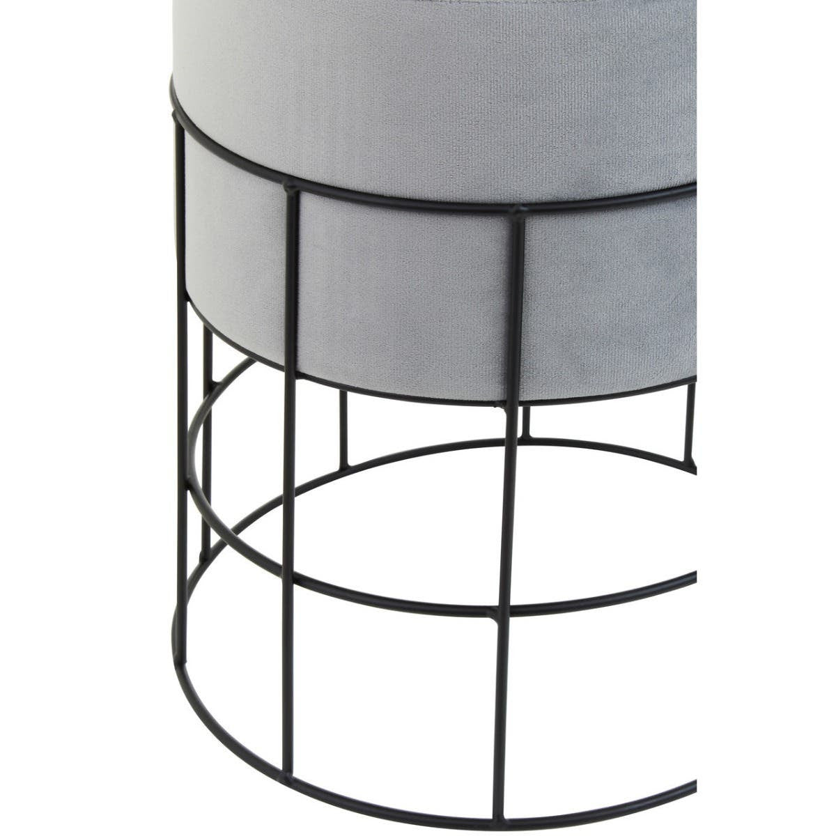 Velvet stool with a cylindrical gray top and a black metal cage frame base, showcasing a modern and minimalist design
