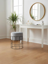 A velvet stool with a gray cushion and a sleek metal cage frame sits on a light wooden floor next to a white console table. A round mirror with a gold frame hangs on the wall above the table, and a potted plant adds a touch of greenery to the scene. Natural light streams in through a window, creating a bright and inviting atmosphere