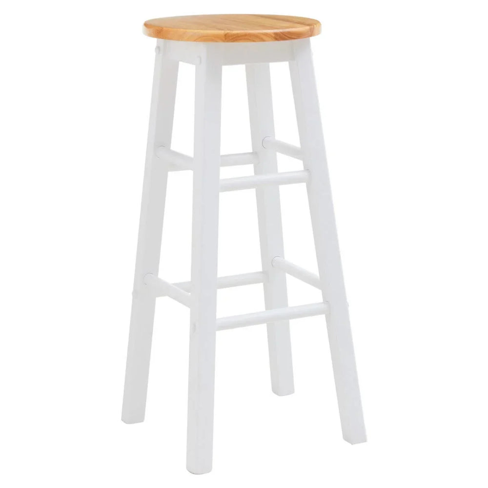 Wooden bar stool with white legs and natural wood seat, angled front view
