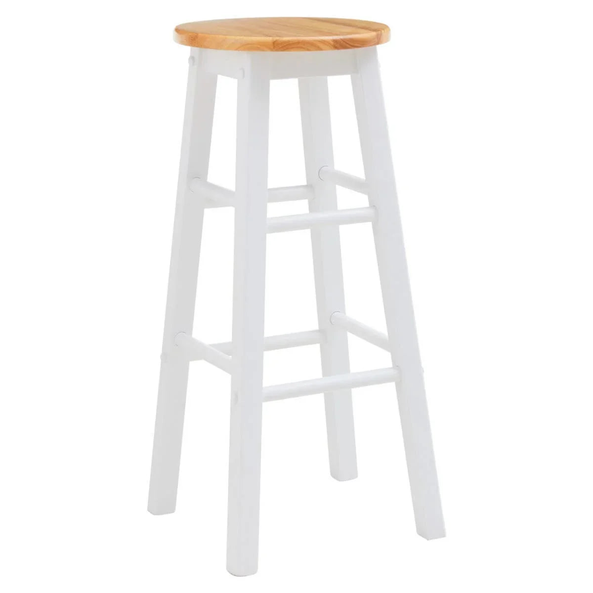 Wooden bar stool with white legs and natural wood seat, angled front view