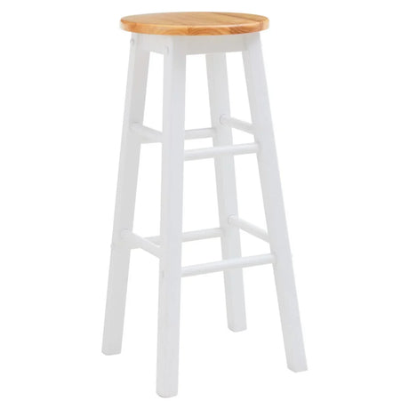 Wooden bar stool with white legs and natural wood seat, angled front view