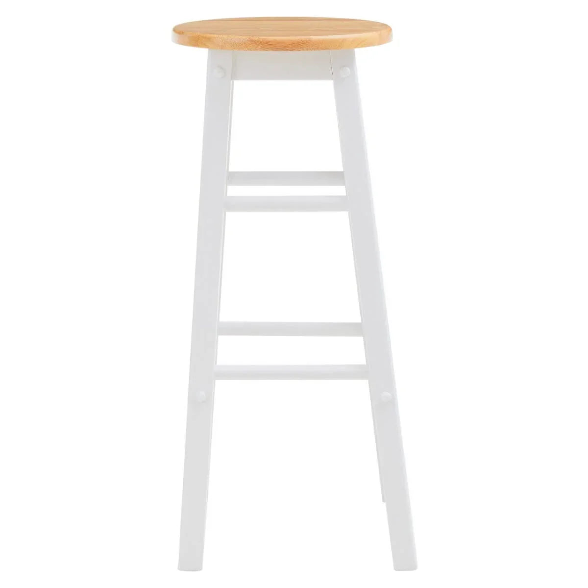 wooden bar stool with white legs and natural wood seat, front view